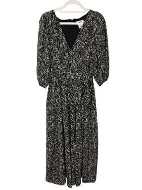 DKNY Maxi Dress Size 10 Puff Sleeve Black Beige Tiered Belted Workwear